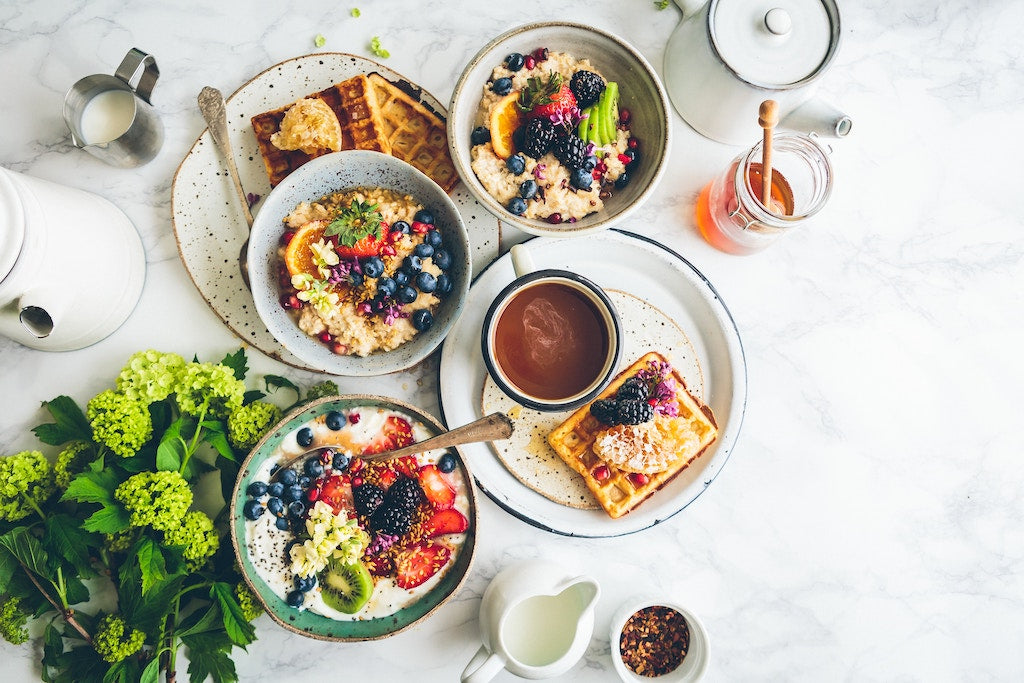 A low cholesterol breakfast of oatmeal, waffles, and fruit